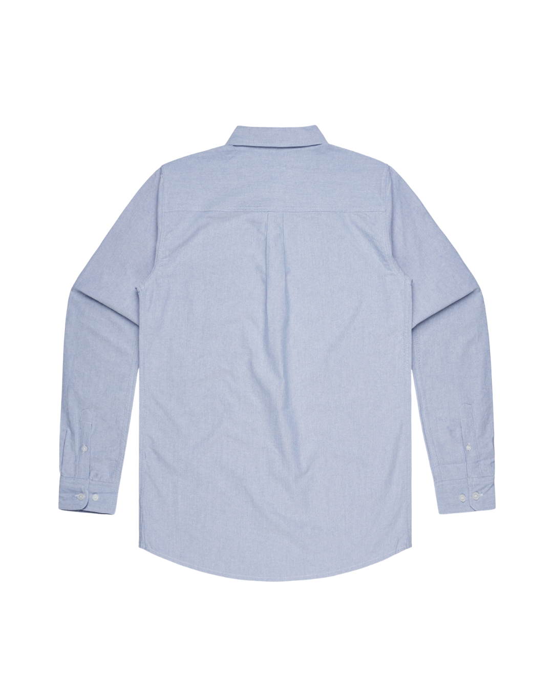Back of the light blue monogrammed cotton Oxford shirt showing the box pleat yoke and buttoned cuffs