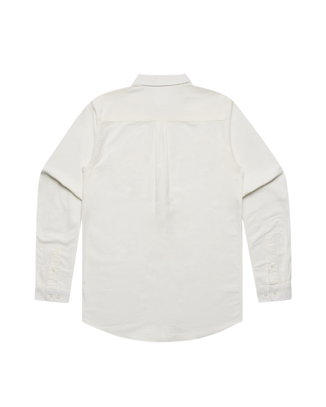 Back of the natural off-white cotton Oxford bridal party shirt with box pleat yoke and shirttail hem