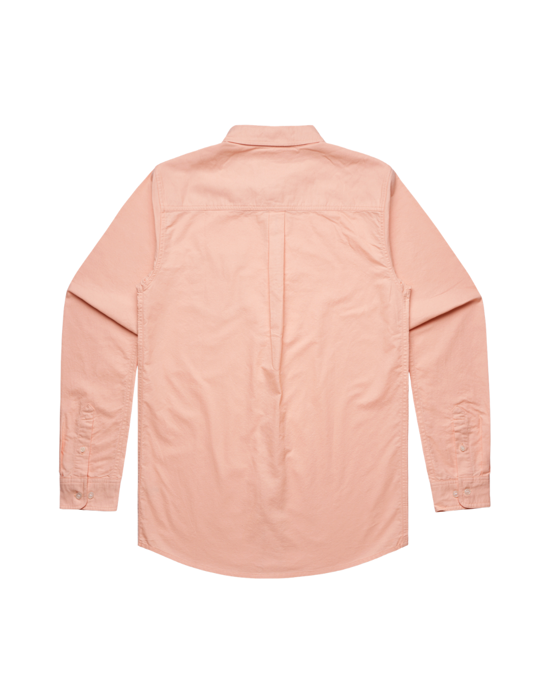 Back of the peach cotton Oxford bridal party shirt with box pleat yoke and curved shirttail hem