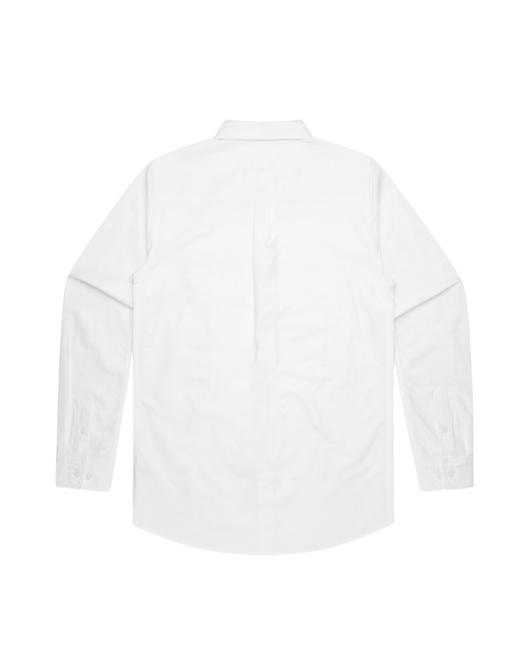 Back of the white monogrammed cotton Oxford shirt showing the box pleat yoke and curved shirttail hem