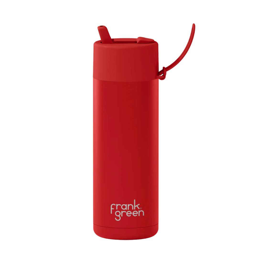 Custom wedding water bottle in Atomic Red — 20oz frank green ceramic reusable bottle from Marriage Material, front view with frank green logo