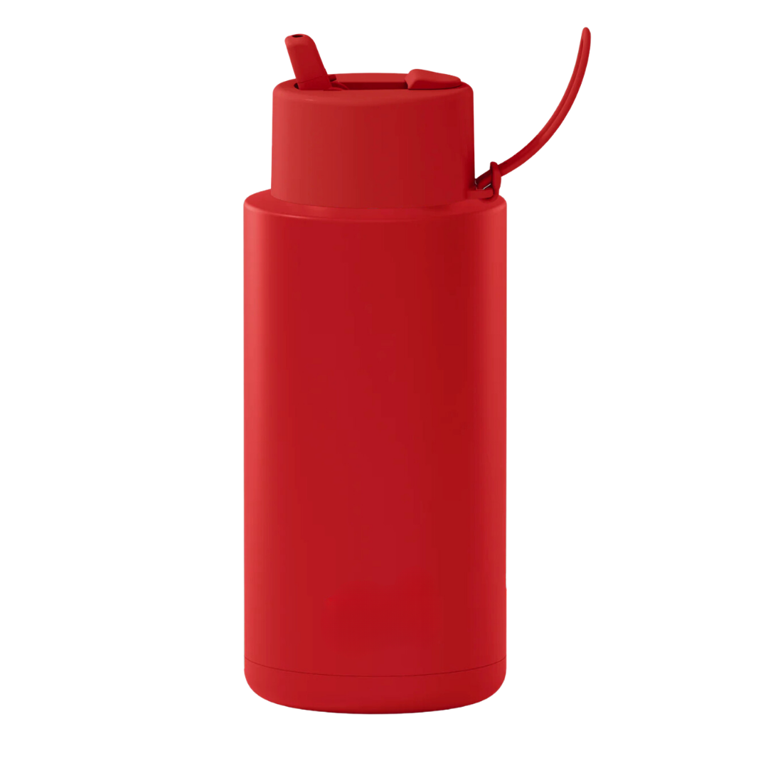 Custom wedding water bottle in Atomic Red — 32oz frank green ceramic reusable bottle from Marriage Material, back view