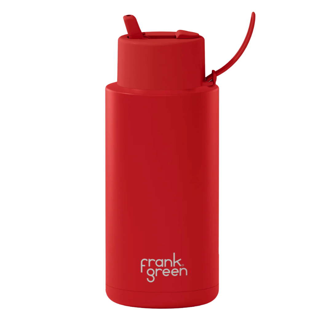 Custom wedding water bottle in Atomic Red — 32oz frank green ceramic reusable bottle from Marriage Material, front view with frank green logo