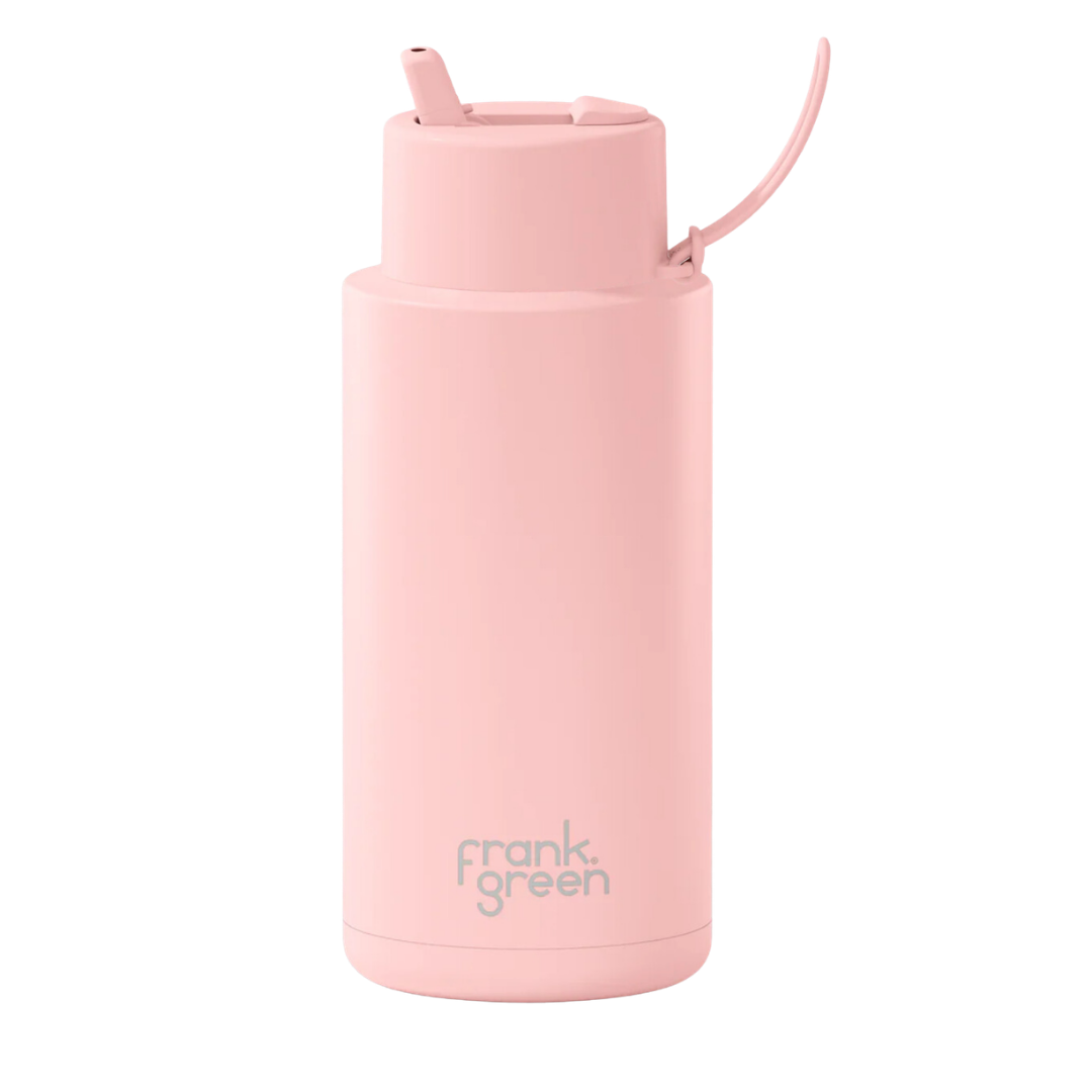 Custom wedding water bottle in Blushed Pink — 32oz frank green ceramic reusable bottle from Marriage Material, front view with frank green logo