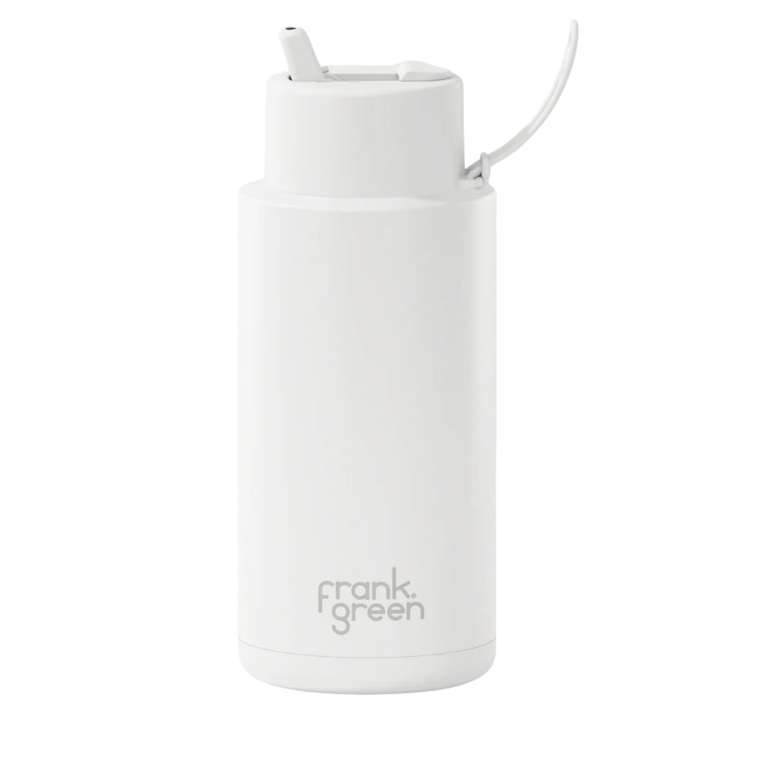 Custom wedding water bottle in Cloud White — 32oz frank green ceramic reusable bottle from Marriage Material, front view with frank green logo