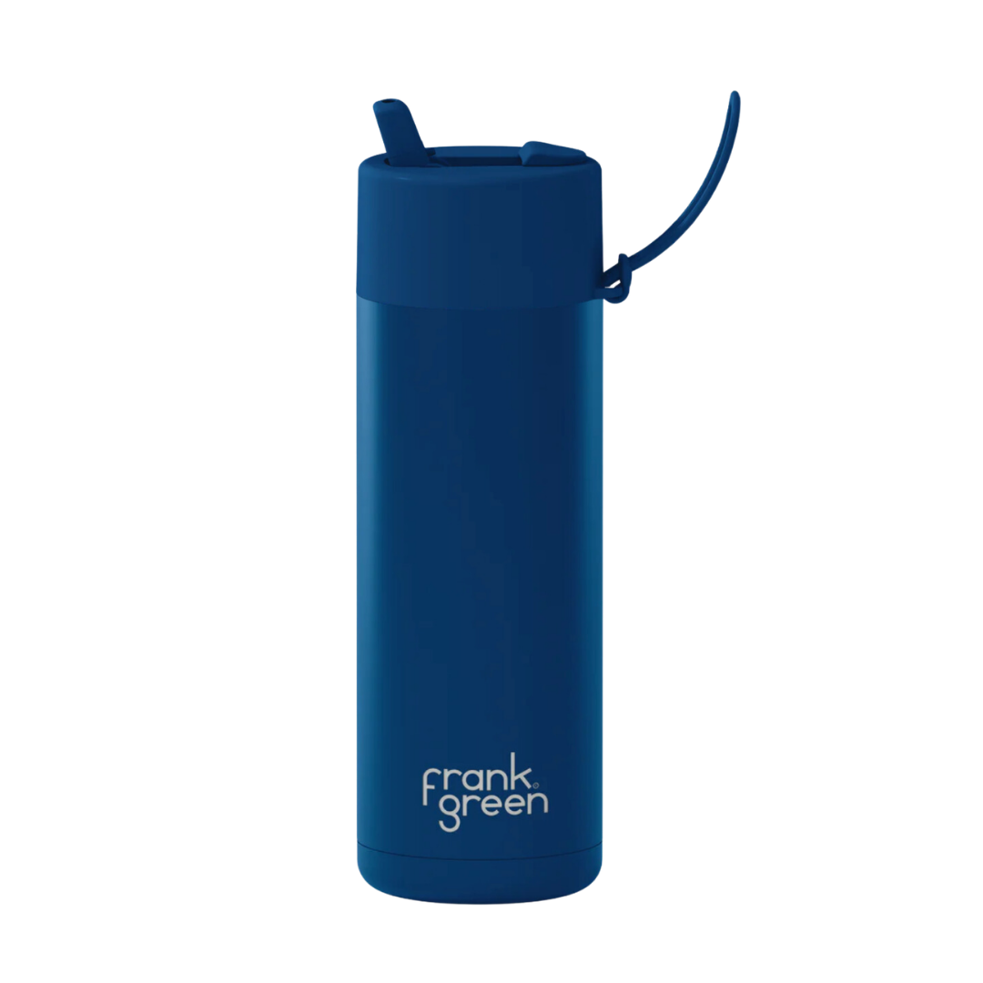 Custom wedding water bottle in Deep Ocean Blue — 20oz frank green ceramic reusable bottle from Marriage Material, front view with frank green logo
