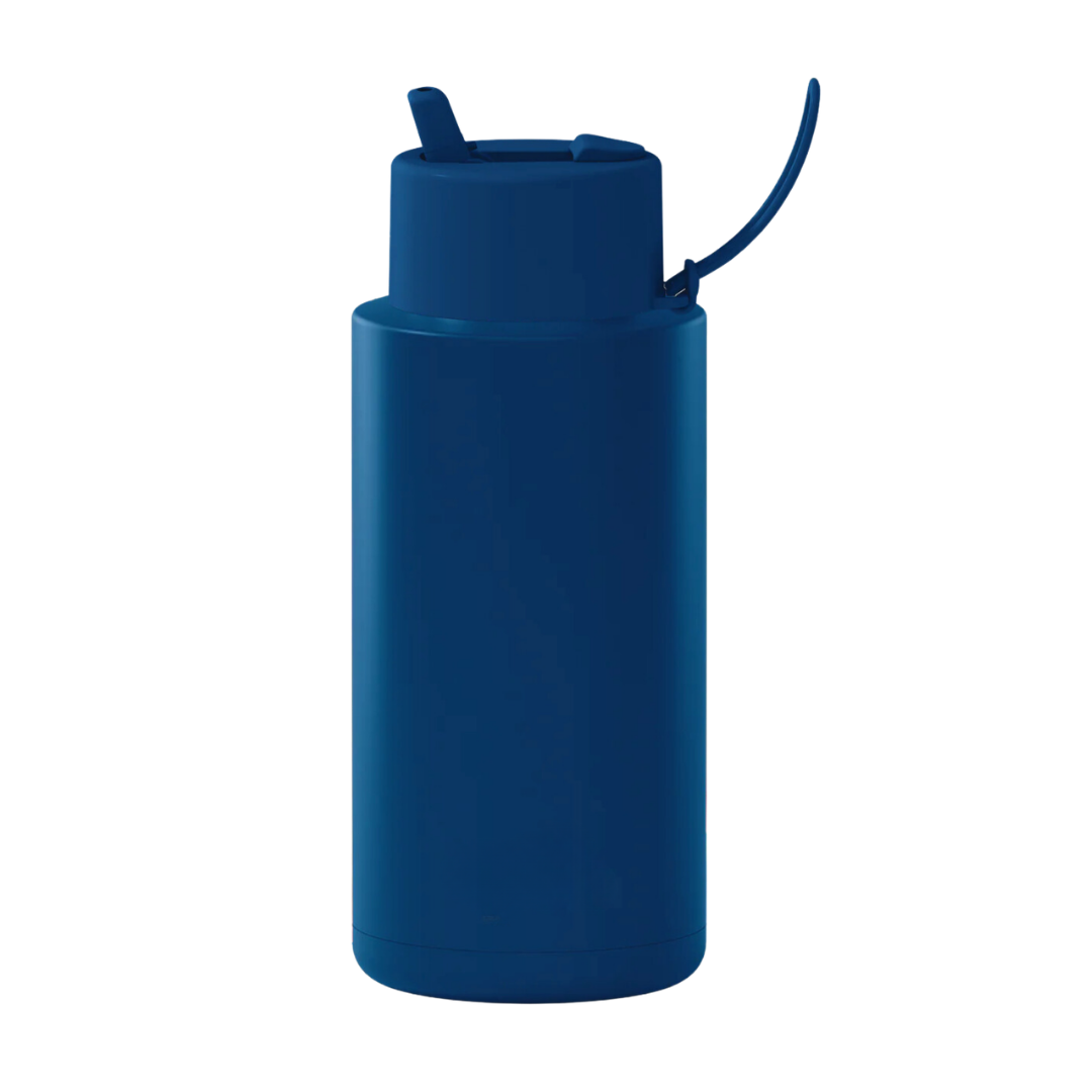Custom wedding water bottle in Deep Ocean Blue — 32oz frank green ceramic reusable bottle from Marriage Material, back view