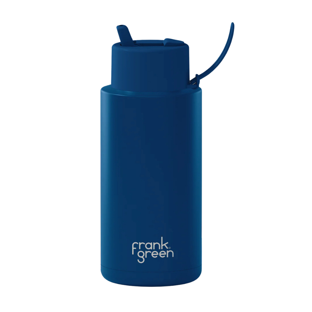 Custom wedding water bottle in Deep Ocean Blue — 32oz frank green ceramic reusable bottle from Marriage Material, front view with frank green logo