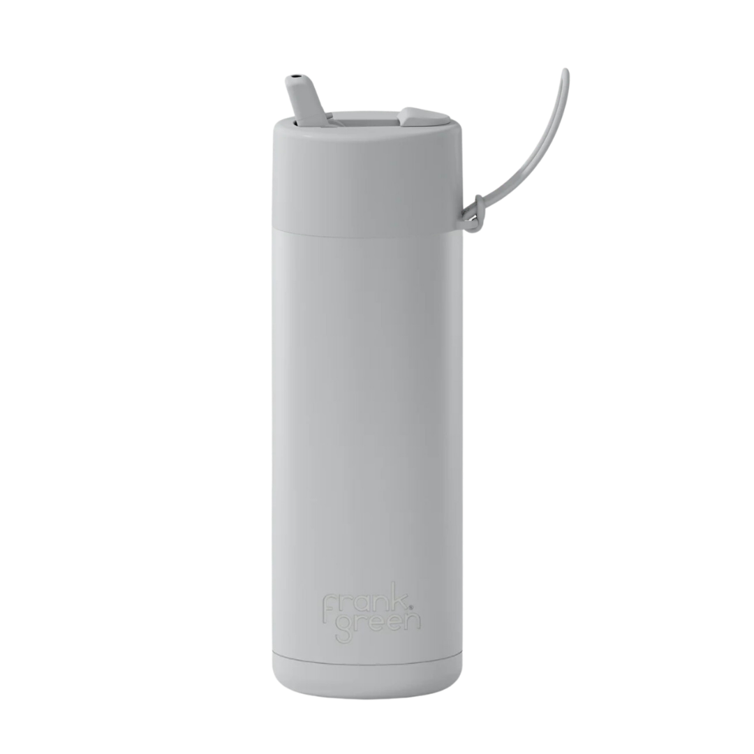 Custom wedding water bottle in Harbor Mist Grey — 20oz frank green ceramic reusable bottle from Marriage Material, front view with frank green logo