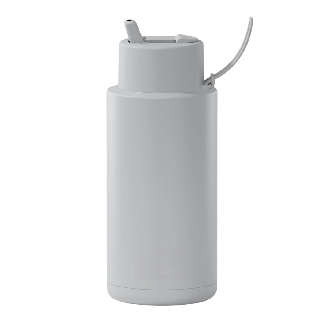Custom wedding water bottle in Harbor Mist Grey — 32oz frank green ceramic reusable bottle from Marriage Material, back view
