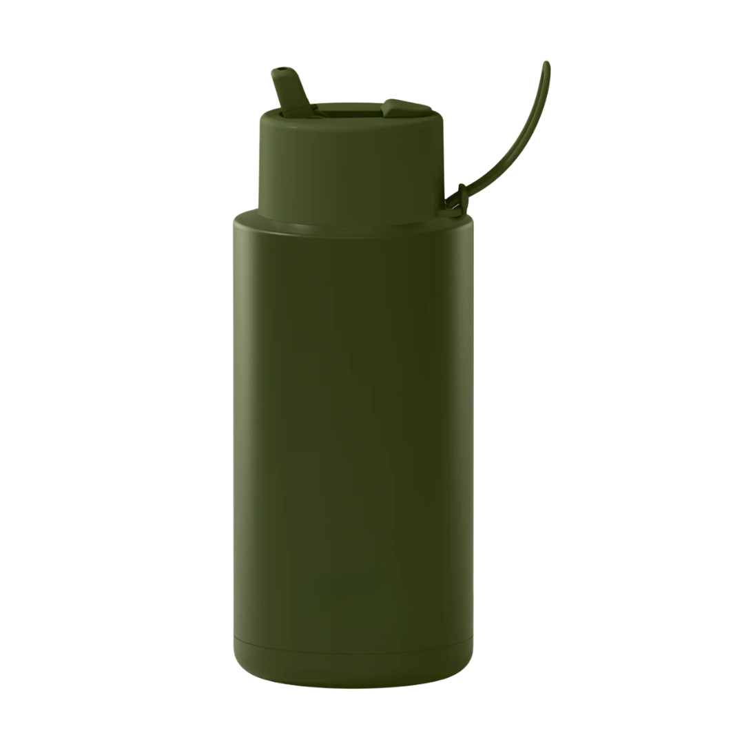 Custom wedding water bottle in Khaki Olive — 32oz frank green ceramic reusable bottle from Marriage Material, back view