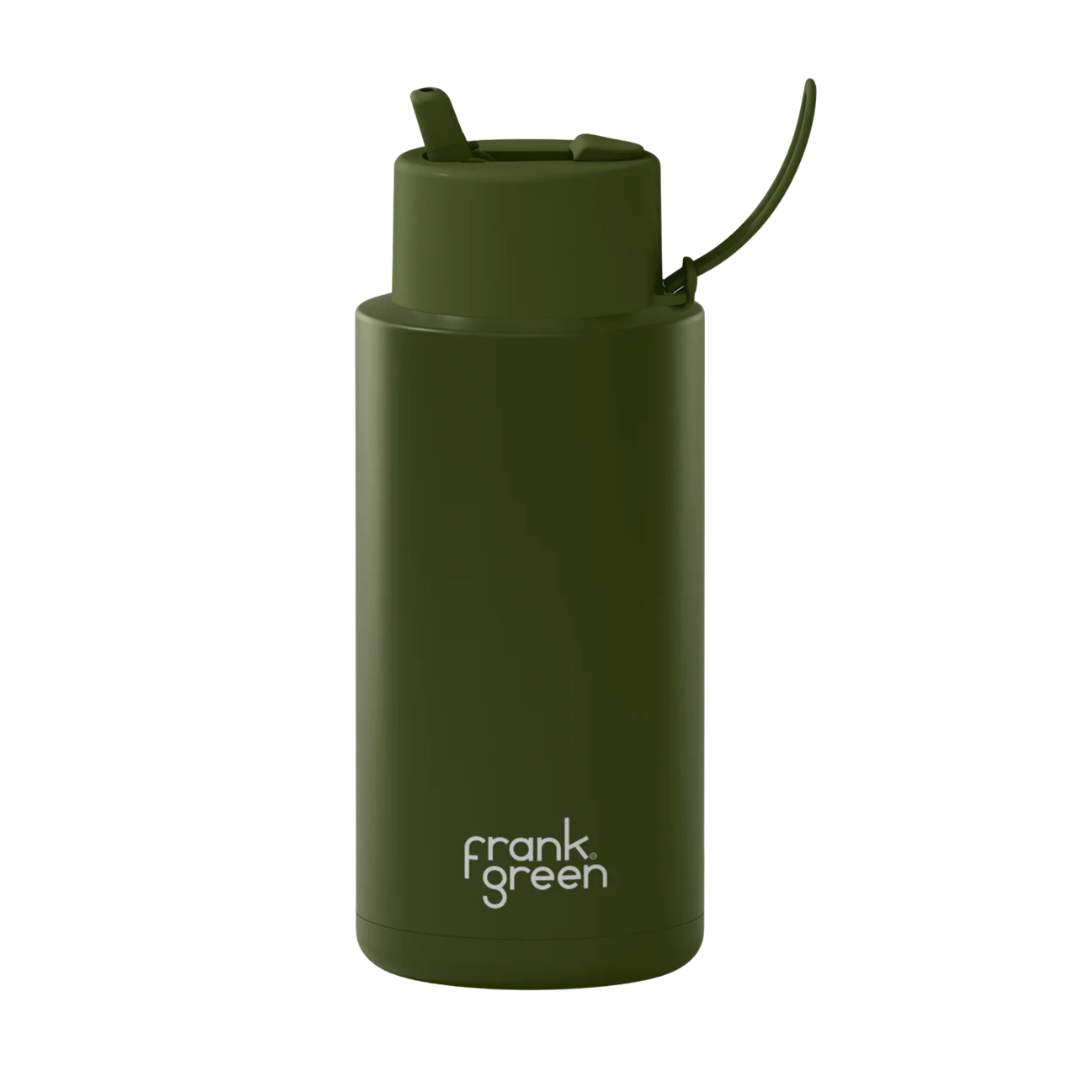 Custom wedding water bottle in Khaki Olive — 32oz frank green ceramic reusable bottle from Marriage Material, front view with frank green logo