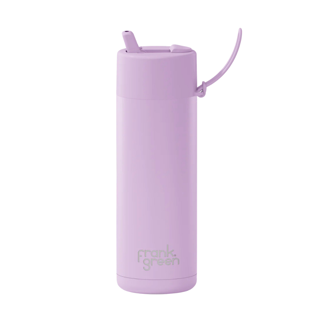 Custom wedding water bottle in Lilac Haze Purple — 20oz frank green ceramic reusable bottle from Marriage Material, front view with frank green logo