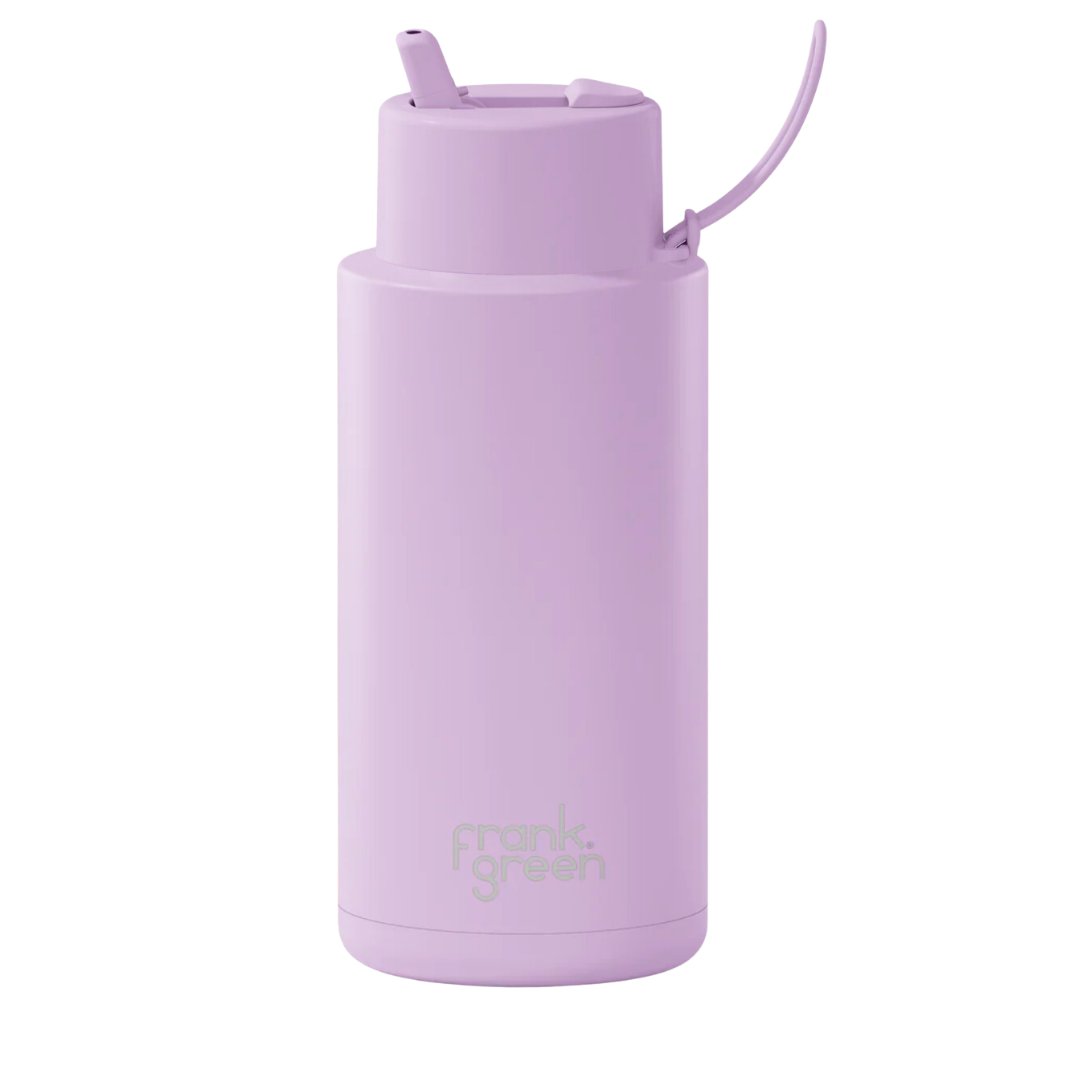 Custom wedding water bottle in Lilac Haze Purple — 32oz frank green ceramic reusable bottle from Marriage Material, front view with frank green logo