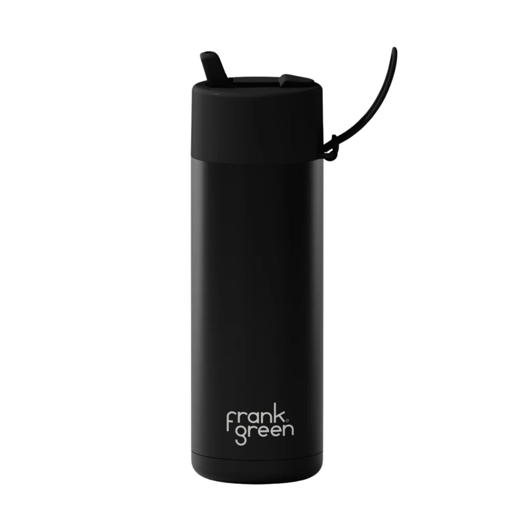 Custom wedding water bottle in Midnight Black — 20oz frank green ceramic reusable bottle from Marriage Material, front view with frank green logo