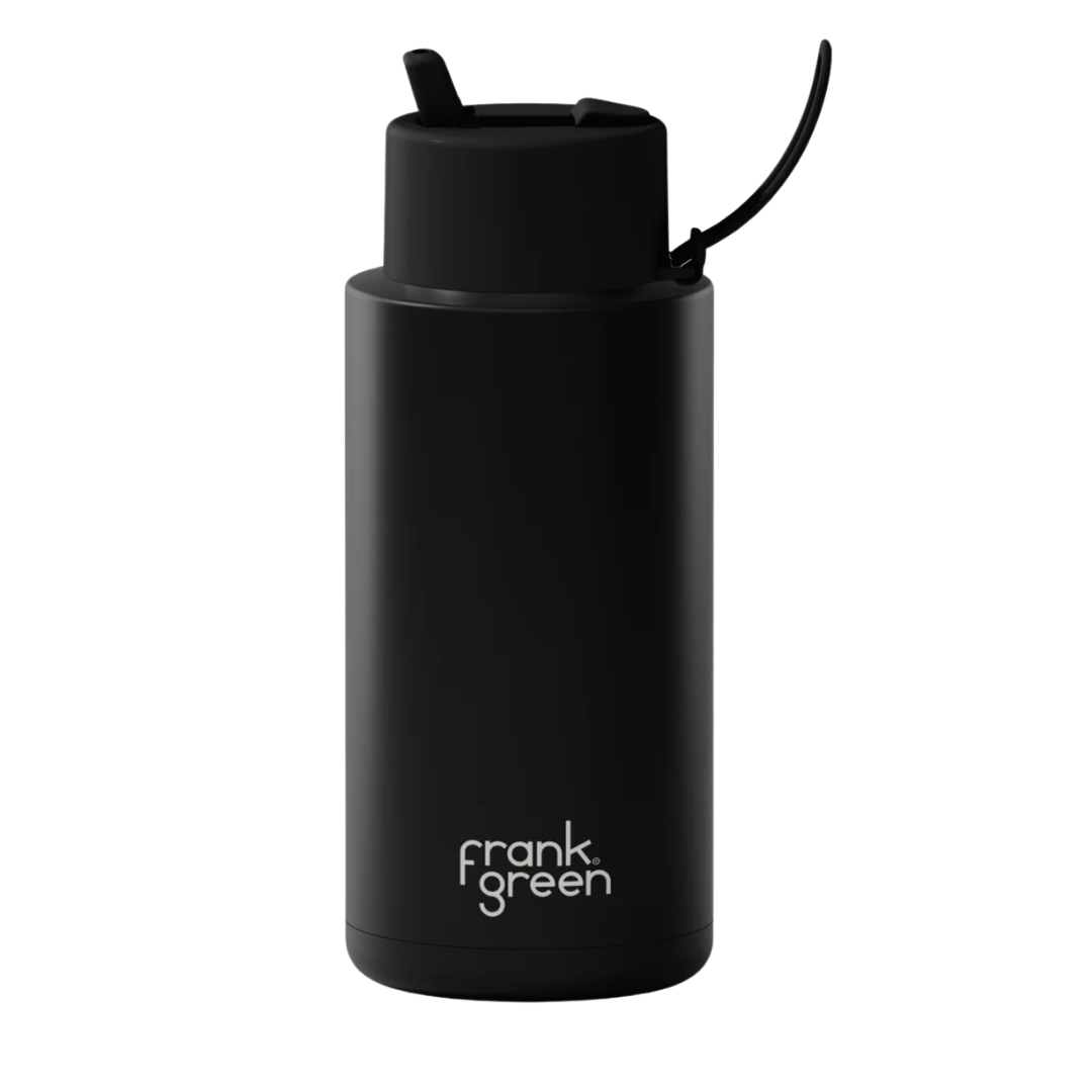 Custom wedding water bottle in Midnight Black — 32oz frank green ceramic reusable bottle from Marriage Material, front view with frank green logo