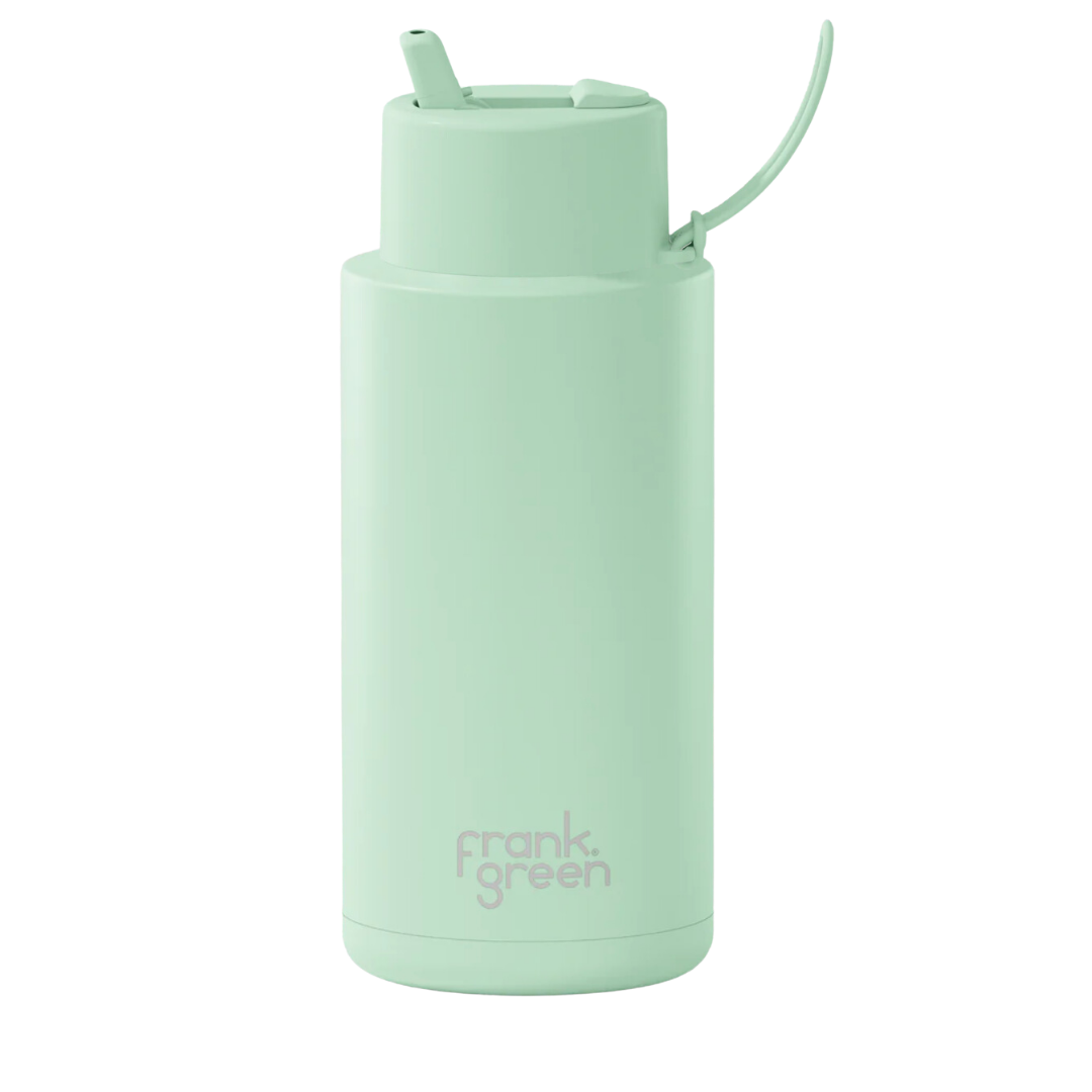 Custom wedding water bottle in Mint Gelato Green — 32oz frank green ceramic reusable bottle from Marriage Material, front view with frank green logo