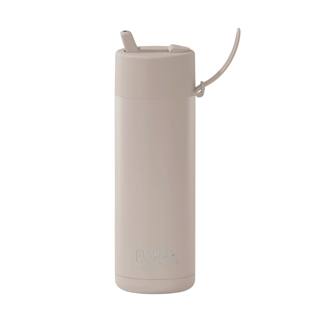 Custom wedding water bottle in Moon Dust Taupe — 20oz frank green ceramic reusable bottle from Marriage Material, back view