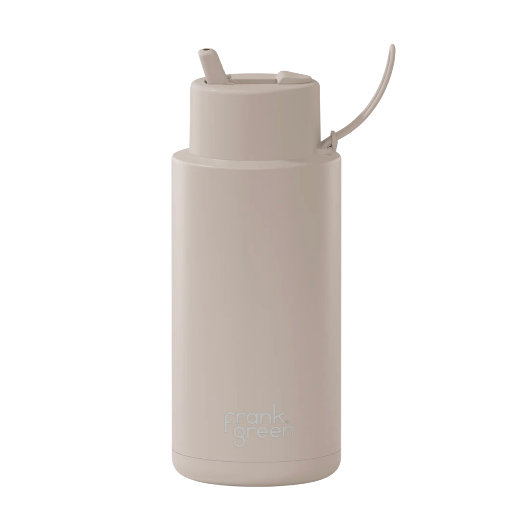 Custom wedding water bottle in Moon Dust Taupe — 32oz frank green ceramic reusable bottle from Marriage Material, back view