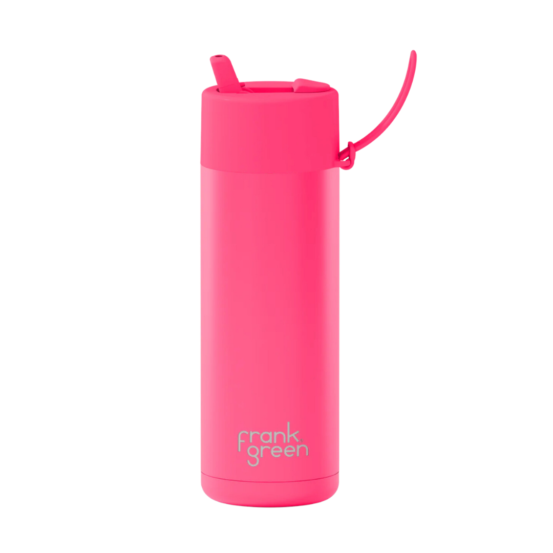 Custom wedding water bottle in Neon Pink — 20oz frank green ceramic reusable bottle from Marriage Material, front view with frank green logo