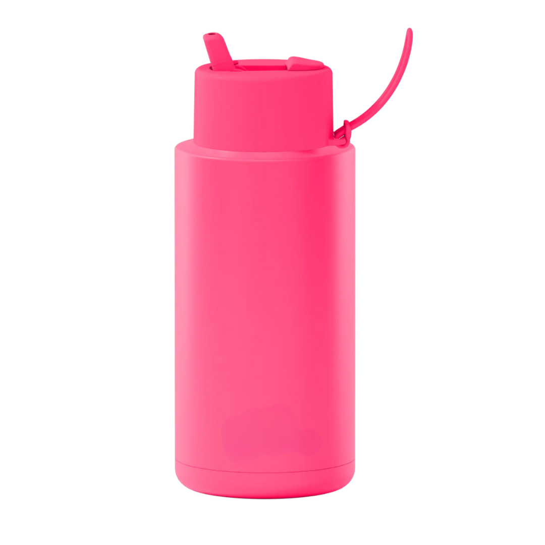 Custom wedding water bottle in Neon Pink — 32oz frank green ceramic reusable bottle from Marriage Material, back view