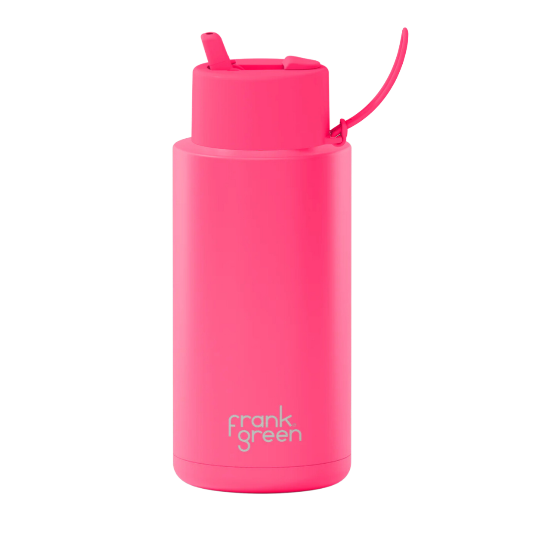 Custom wedding water bottle in Neon Pink — 32oz frank green ceramic reusable bottle from Marriage Material, front view with frank green logo