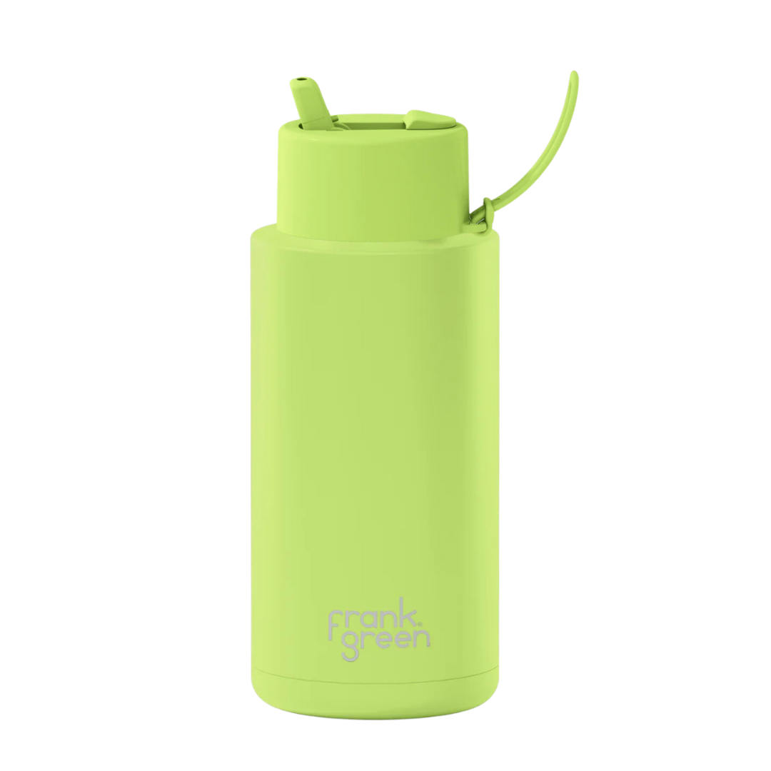 Custom wedding water bottle in Pistachio Green — 32oz frank green ceramic reusable bottle from Marriage Material, front view with frank green logo