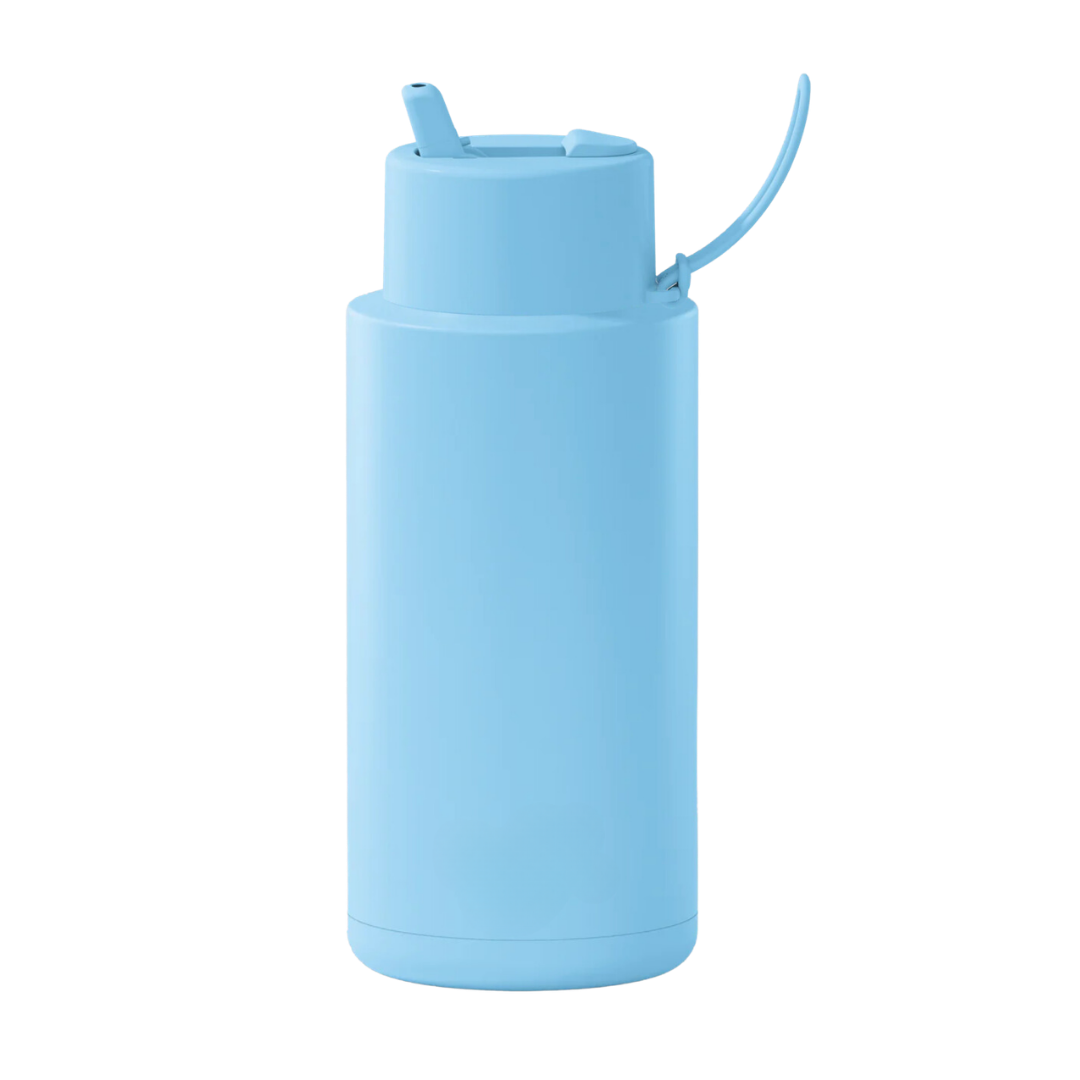 Custom wedding water bottle in Sky Blue — 32oz frank green ceramic reusable bottle from Marriage Material, back view
